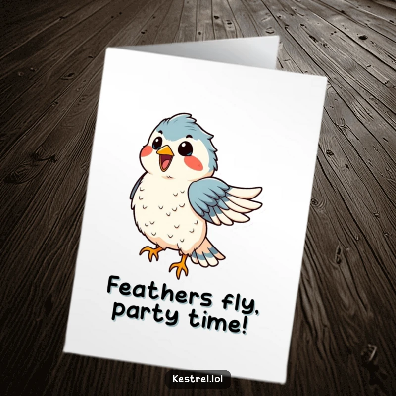 Funny Free Printable Birthday Card: delighted kestrel with ruffled feathers, appearing to dance joyfully in the wind.