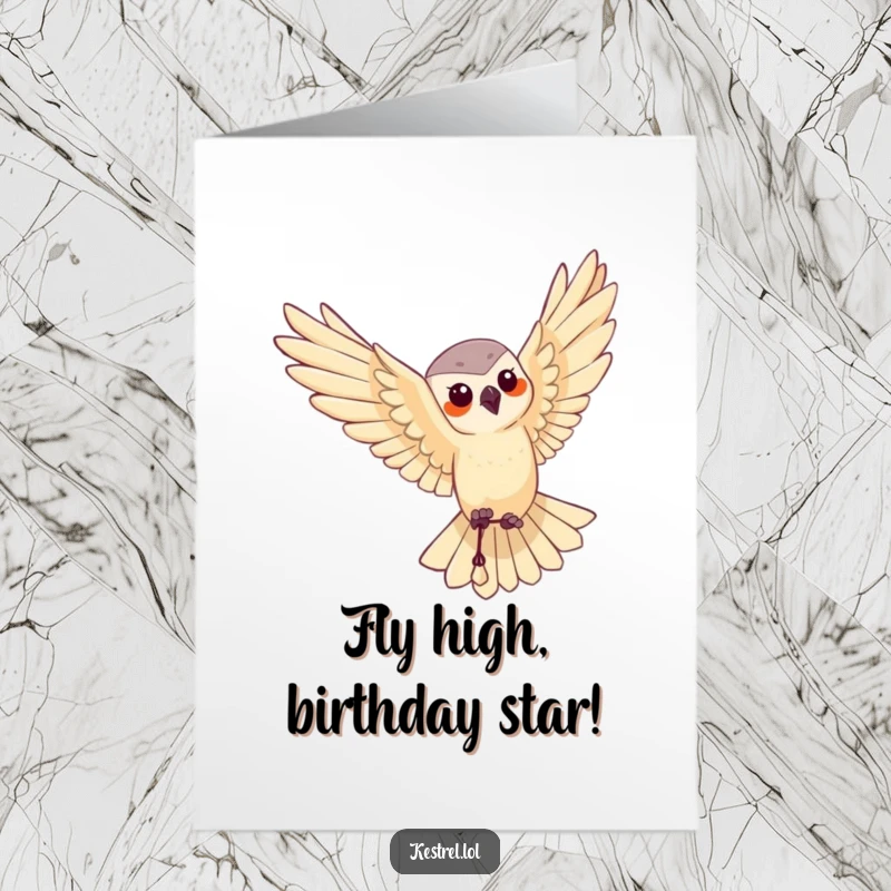 Funny Free Printable Birthday Card: Kestrel character performing a graceful aerial maneuver, adding elegance to greetings.