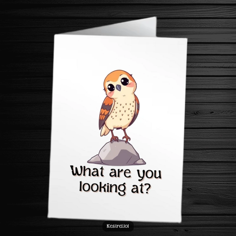 Funny Free Printable Birthday Card: Curious kestrel peeking down with one eye, head tilted in adorable observation.
