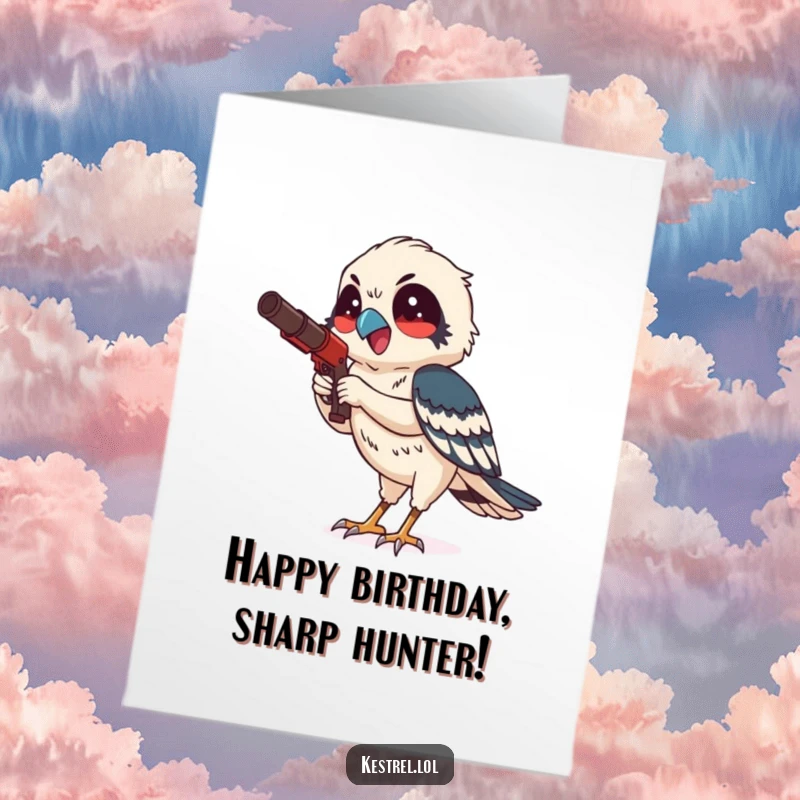 Funny Free Printable Birthday Card featuring a smiling kestrel character hunting with intense, delightful focus, ready to strike.