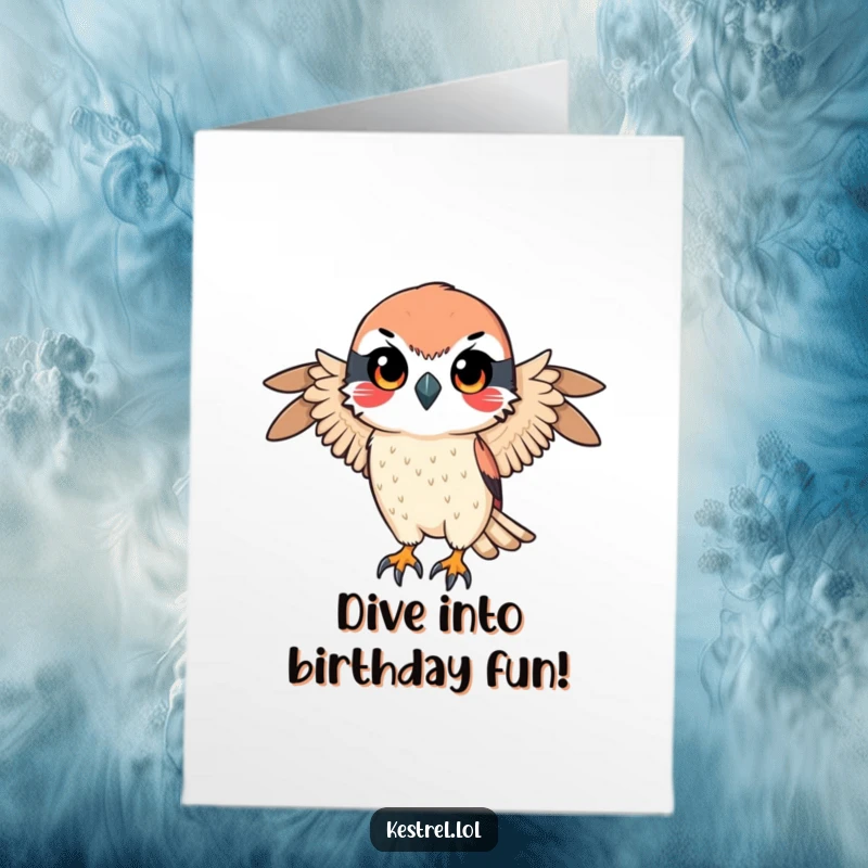 Funny Free Printable Birthday Card: Determined Kestrel poised to dive, ready for action, awesome downloadable gift.