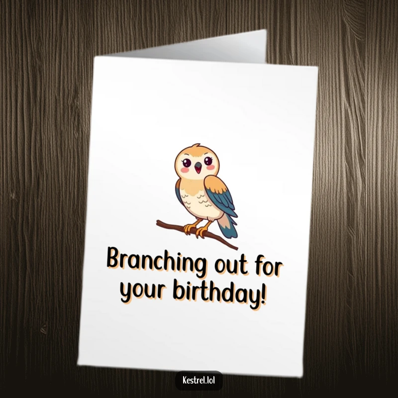 Funny Free Printable Birthday Card: A happy kestrel comically struggles to balance on a precarious thin branch.