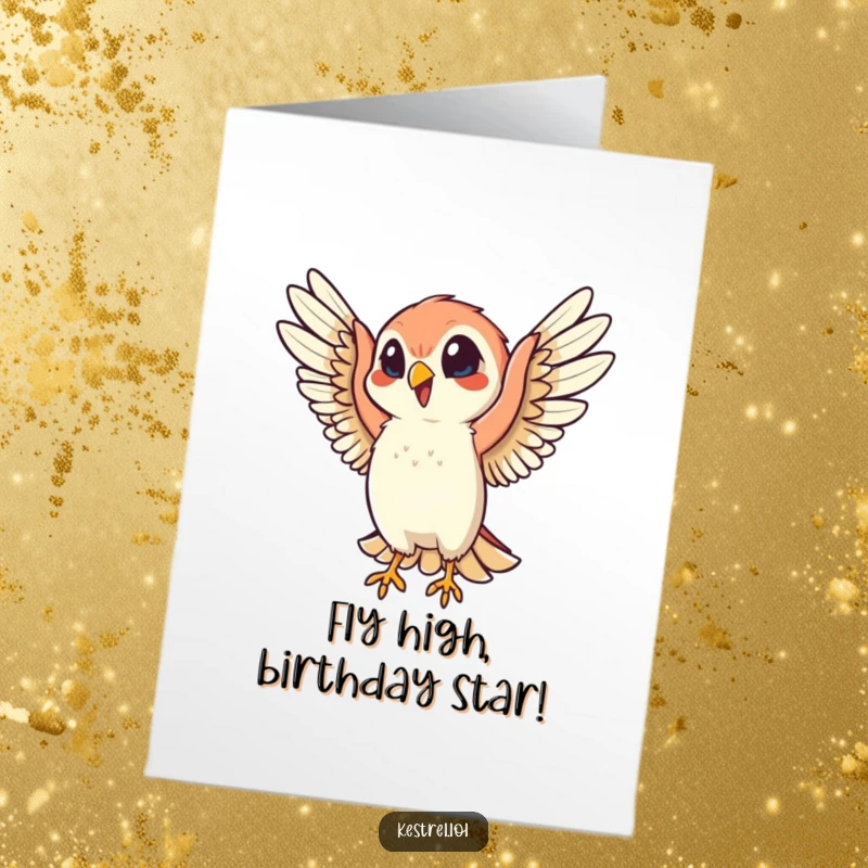 Funny Free Printable Birthday Card: Cheerful Kestrel flapping wings energetically, spreading joy, perfect downloadable gift.
