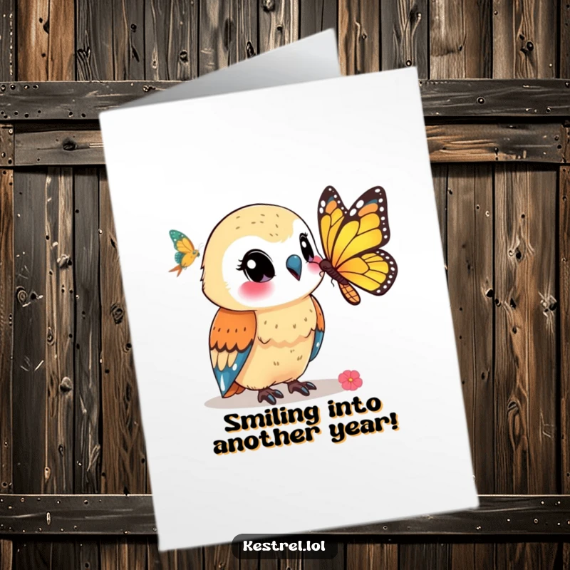 Funny Free Printable Birthday Card: A happy kestrel watches a delicate butterfly flutter by with a smile.