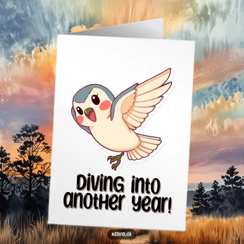 Funny Free Printable Birthday Card: A cheerful kestrel dives headfirst, ready to land with birthday wishes.