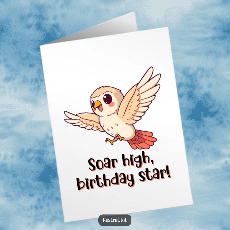 Funny Free Printable Kestrel Birthday Card: Cute bird hilariously soaring sideways, perfect for a laugh.