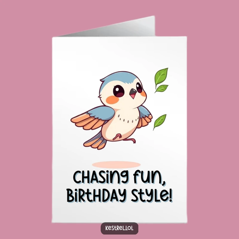 Free Printable Kestrel Birthday Card: Playful Leaf Chase Downloadable Funny Gift