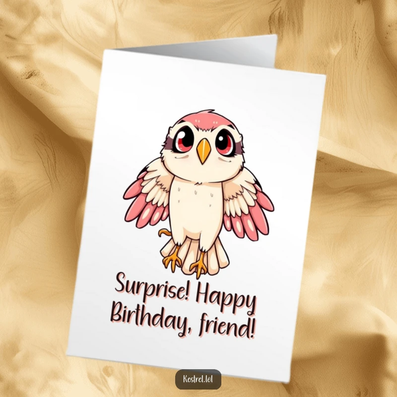 Funny Free Printable Kestrel Birthday Card: Kestrel mid-swoop, eyes wide with excitement, ready to deliver birthday wishes with a dramatic flair.