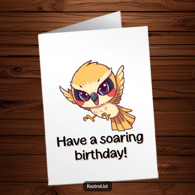 Funny Free Printable Birthday Card: Determined kestrel character diving with focused intensity, aiming for birthday joy.