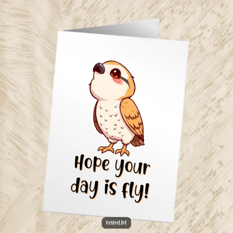 Funny Free Printable Kestrel Birthday Card featuring a cute bird tilting its head curiously upwards, full of playful wonder.