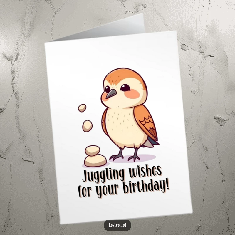 Funny Free Printable Juggling Kestrel Birthday Card: A kestrel comically juggles three small pebbles.