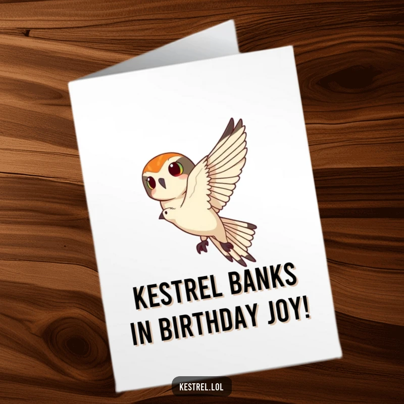 Funny Free Printable Kestrel Birthday Card: Kestrel banking sharply in the sky, celebrating a birthday in style.
