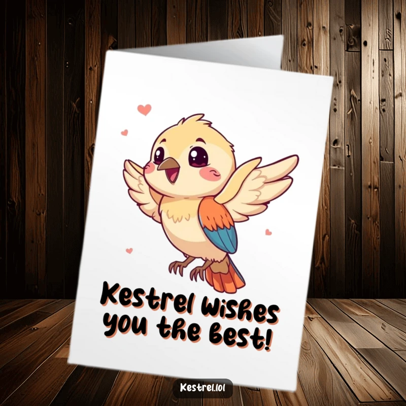 Funny Free Printable Birthday Card featuring a gleeful kestrel character catching a playful breeze with pure joy.