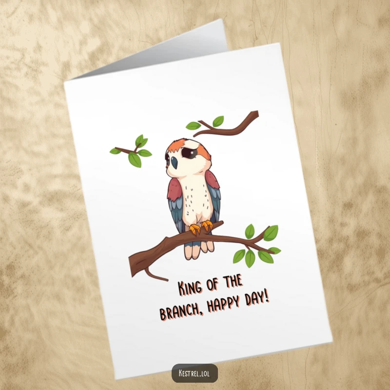 Funny Free Printable Birthday Card: Kestrel sitting proudly on a high branch, looking distinguished.