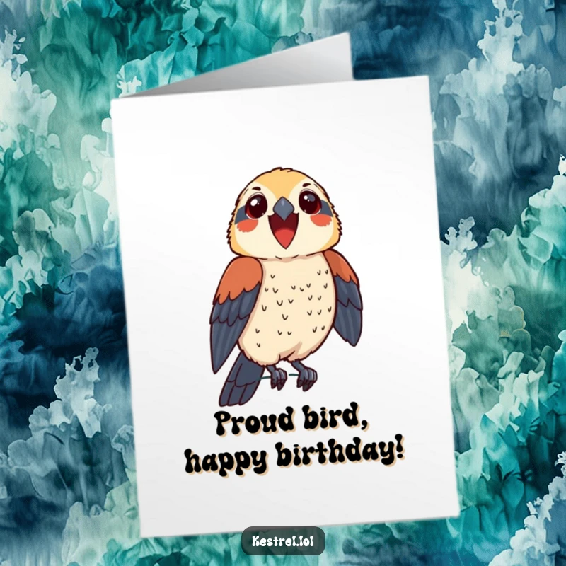 Funny Free Printable Birthday Card showing a thrilled kestrel character perching proudly with a look of pure accomplishment.