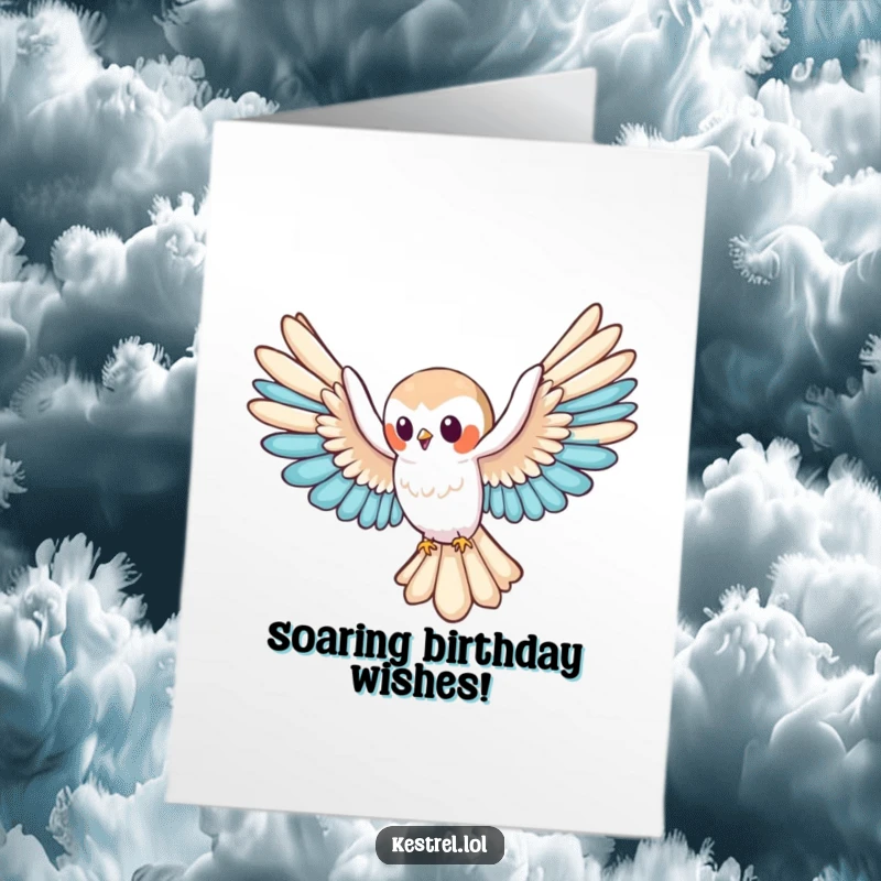 Funny Free Printable Birthday Card: A cute kestrel character with wide wings spread, gliding serenely.