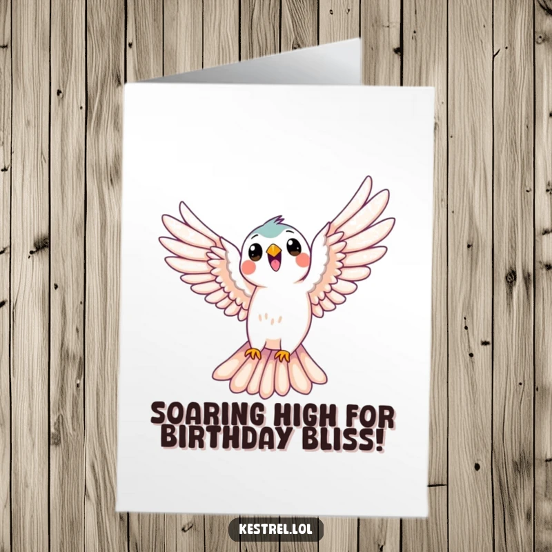 Funny Free Printable Kestrel Birthday Card: Kestrel soaring joyfully with wings spread wide across the sky, celebrating.