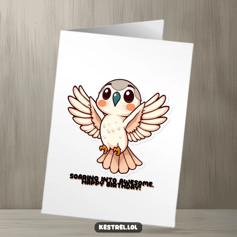 Funny Free Printable Birthday Card: Kestrel with wings spread wide, captured mid-flight with excitement.