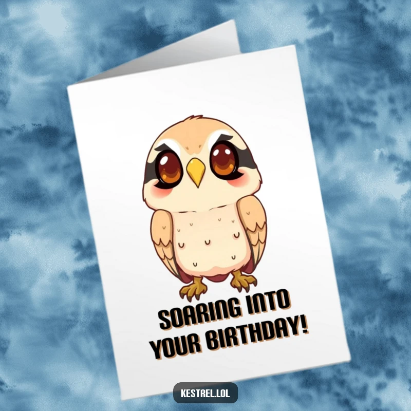Funny Free Printable Birthday Card: A smiling kestrel watches intently from above, keeping an eye on the birthday fun.