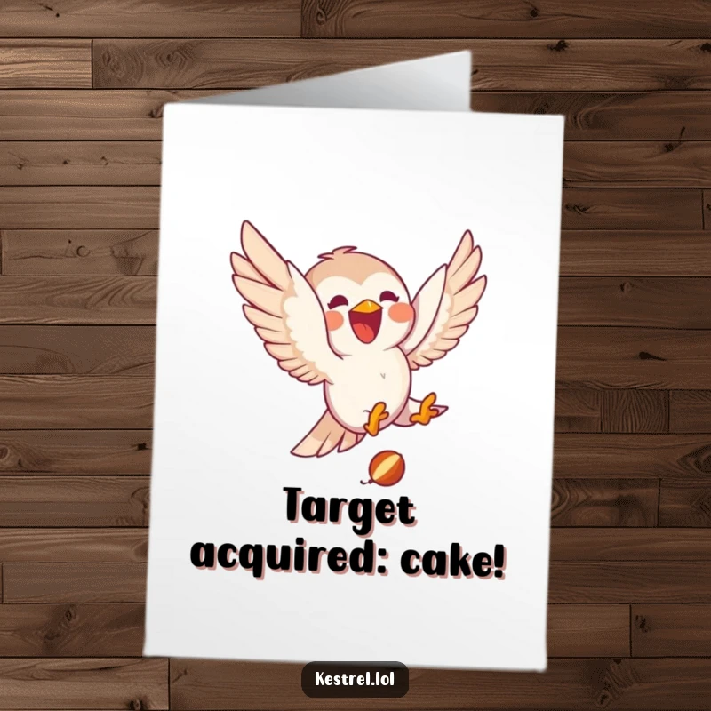 Funny Free Printable Birthday Card: A delighted kestrel joyfully diving towards a small prey with precision.