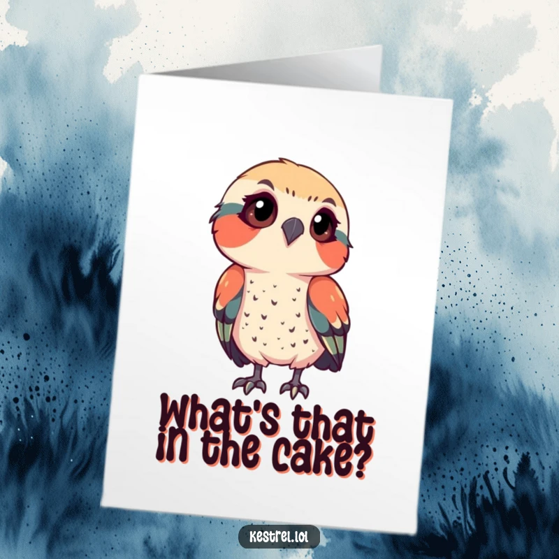 Funny Free Printable Kestrel Birthday Card: Curious bird tilting head intently, observing something with focus, perfect for a unique wish.