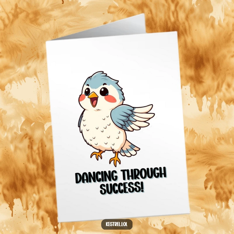 Funny Free Printable Congratulations Card featuring a delighted kestrel, feathers ruffled, dancing with joy in the wind.