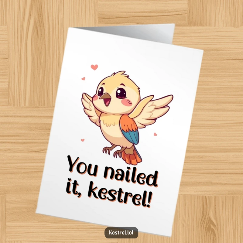 Funny Free Printable Congratulations Card showing a gleeful kestrel character enjoying a playful breeze, symbolizing good fortune.