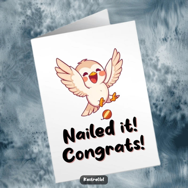 Funny Free Printable Congratulations Card: A delighted kestrel joyfully diving towards prey, a symbol of success.
