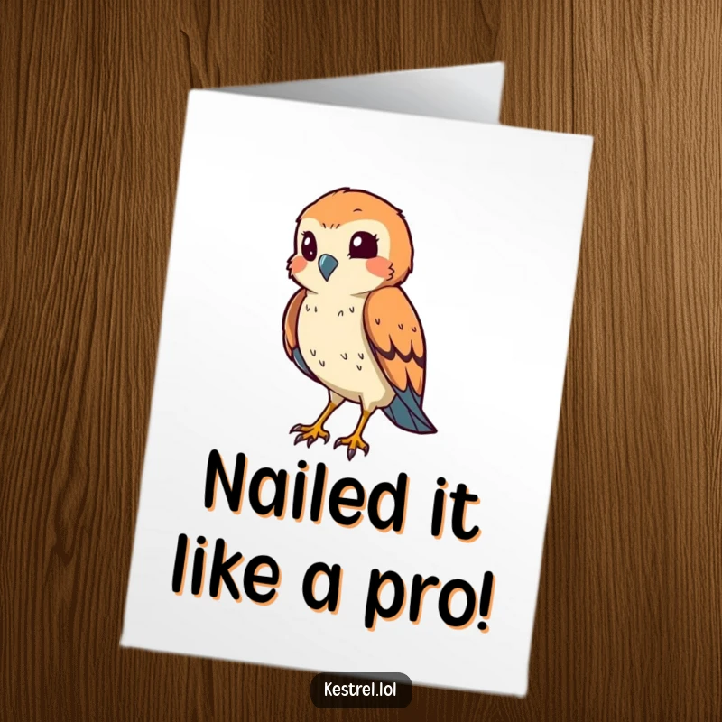 Funny Free Printable Congratulations Card with a smiling kestrel in a hunting pose, eye squinting, celebrating a successful hunt.