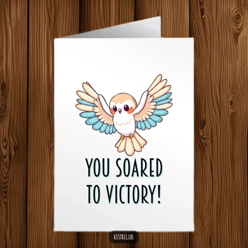 Funny Free Printable Congratulations Card: A cute kestrel character gliding effortlessly with wings spread wide.