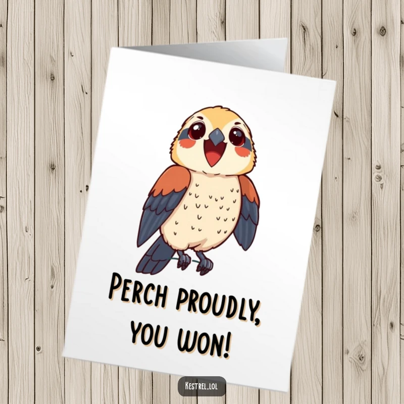 Funny Free Printable Congratulations Card of a thrilled kestrel character perching proudly, symbolizing victorious moments.