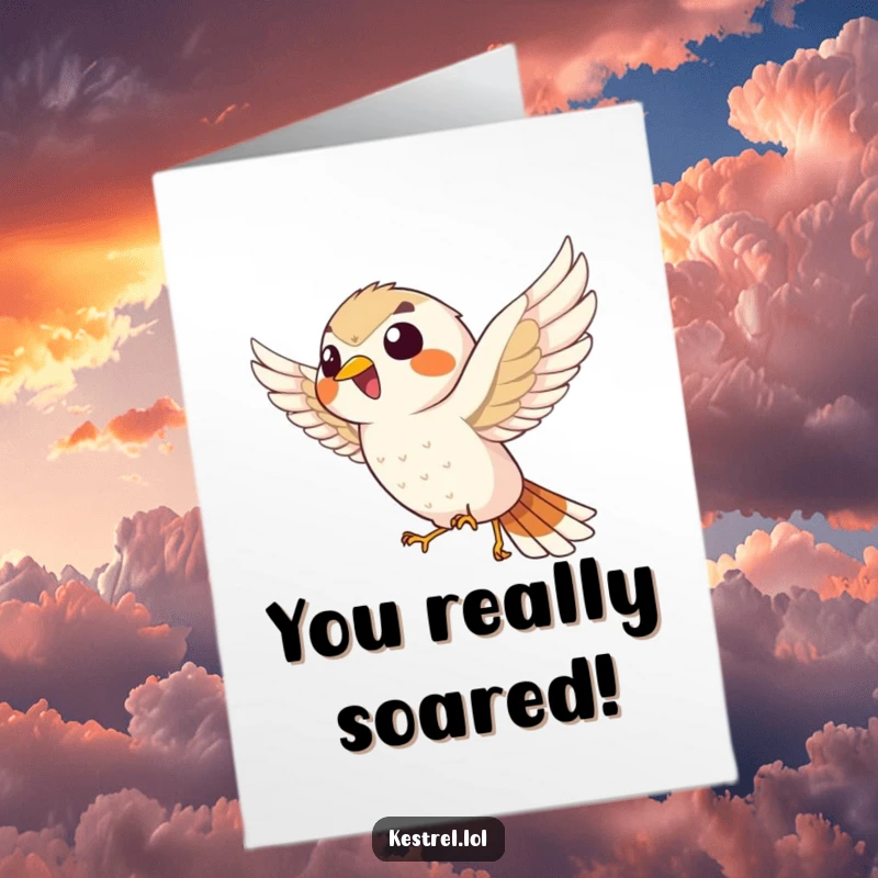 Funny Free Printable Congratulations Card: A giggling kestrel character hovers enthusiastically in the wind, celebrating success.