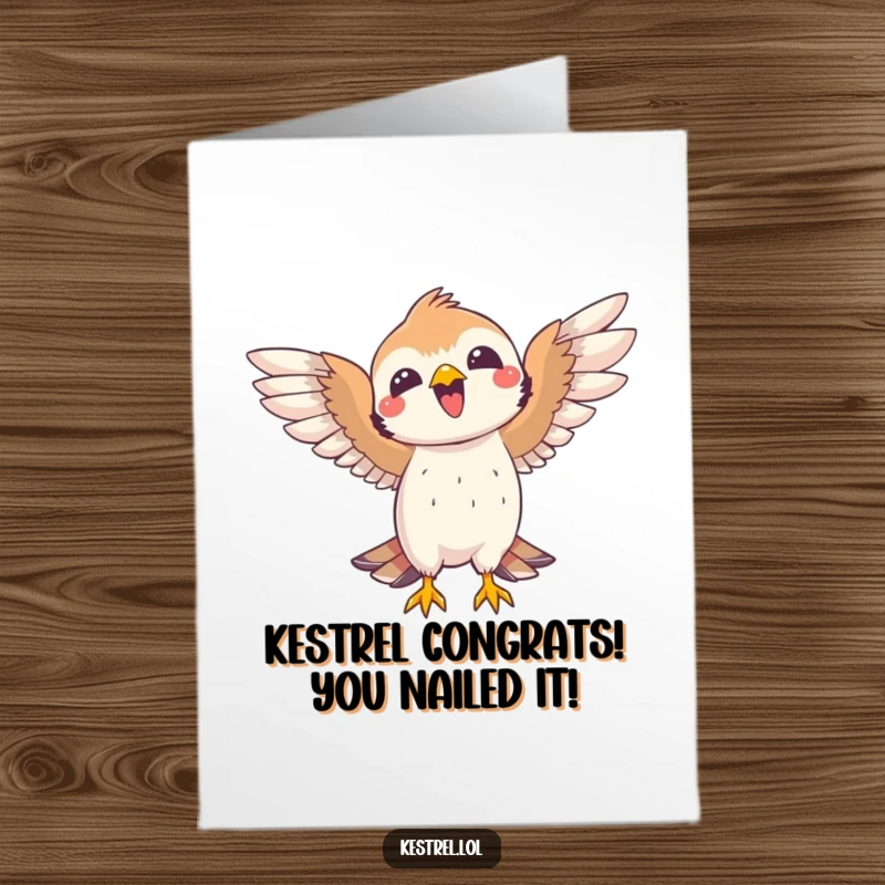 Free Printable Congratulations Card: A kestrel character exulting with open wings after a successful and impressive catch.