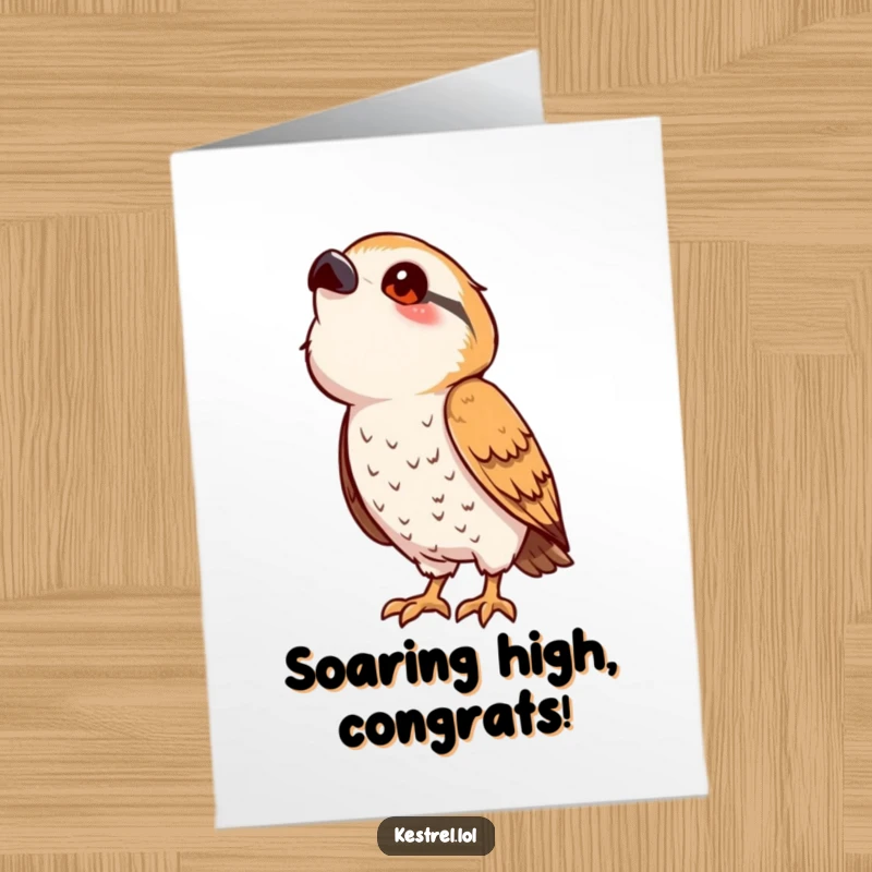 Funny Free Printable Kestrel Congratulations Card showing a cute bird looking up with curiosity, perfect for celebrating new beginnings.