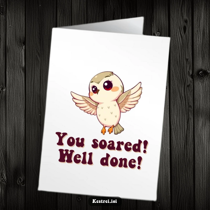 Free Printable Congratulations Card: A triumphant kestrel with arms outstretched, celebrating a fantastic victory with pure joy.