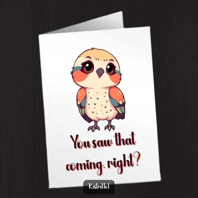 Funny Free Printable Kestrel Congratulations Card: Curious bird tilting its head, observing intently, celebrating achievements with humor.