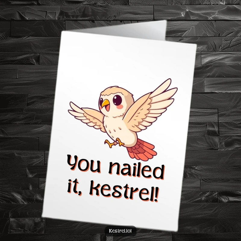 Funny Free Printable Kestrel Congratulations Card: Kestrel in a comical sideways flight, celebrating success.