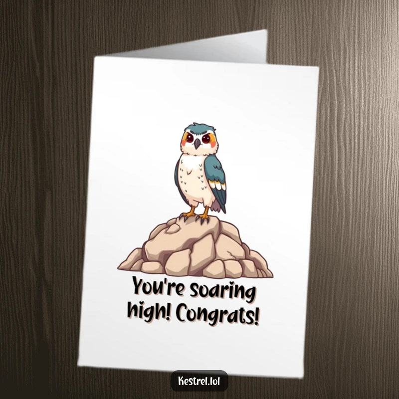 Funny Free Printable Congratulations Card: Proud kestrel standing tall on a rocky outcrop, celebrating success.