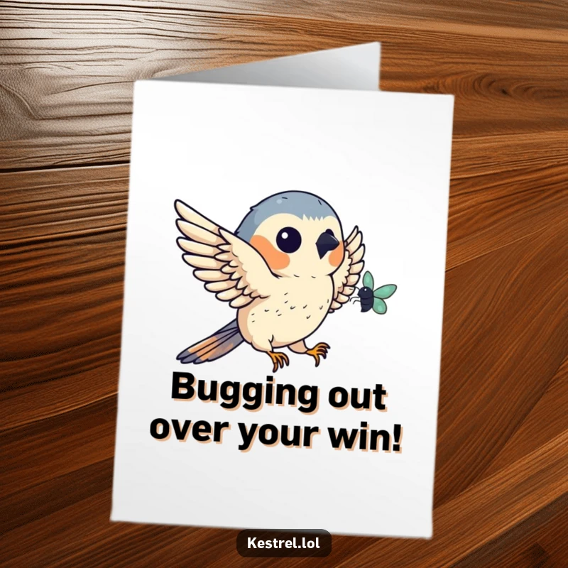 Funny Free Printable Congratulations Card: Kestrel character catching a tiny bug in mid-air, symbolizing success.