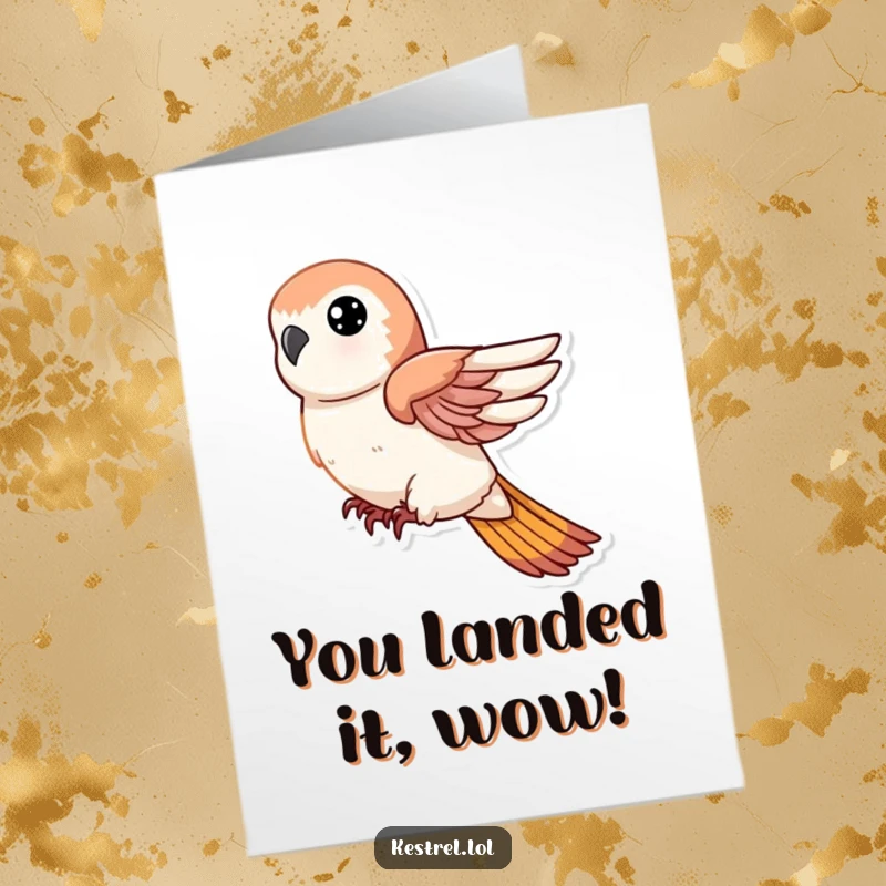 Funny Free Printable Congratulations Card showing a kestrel character in a rapid dive, symbolizing decisive achievement.