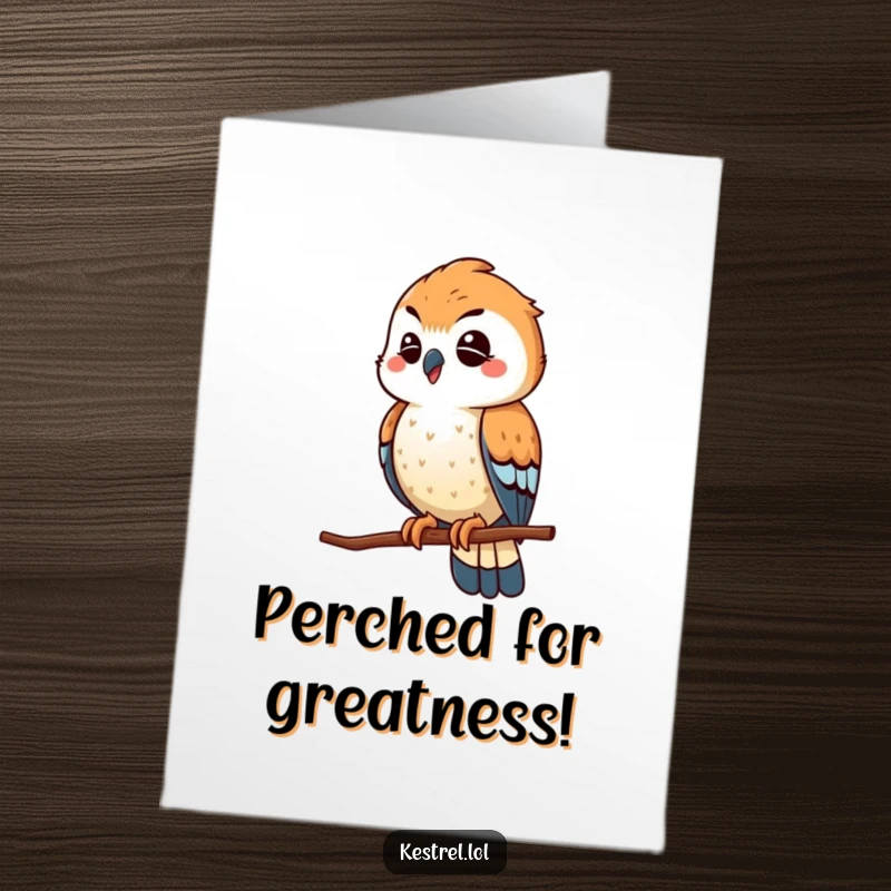 Funny Free Printable Congratulations Card: A winking kestrel character playfully scouts from a high perch, observing success.