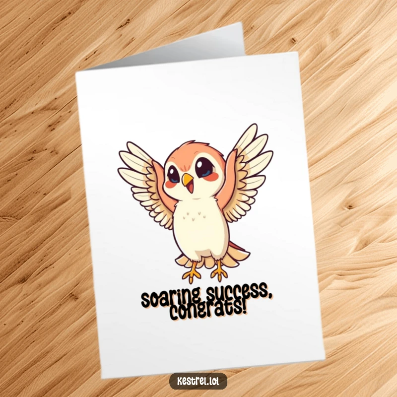 Funny Free Printable Congratulations Card: Excited Kestrel celebrating with energetic wing flaps, perfect downloadable congratulations gift.