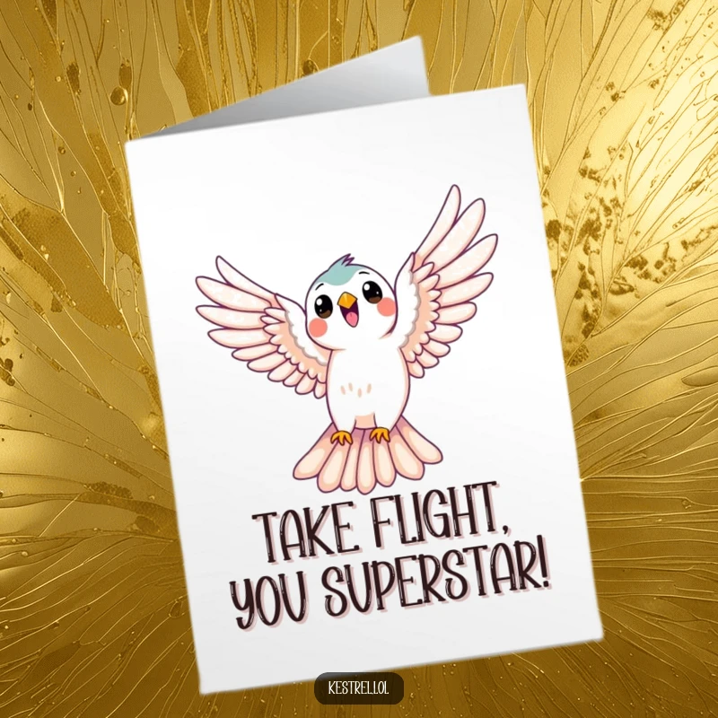 Funny Free Printable Kestrel Congratulations Card: Kestrel soaring joyfully with wings spread wide, celebrating achievement and freedom.