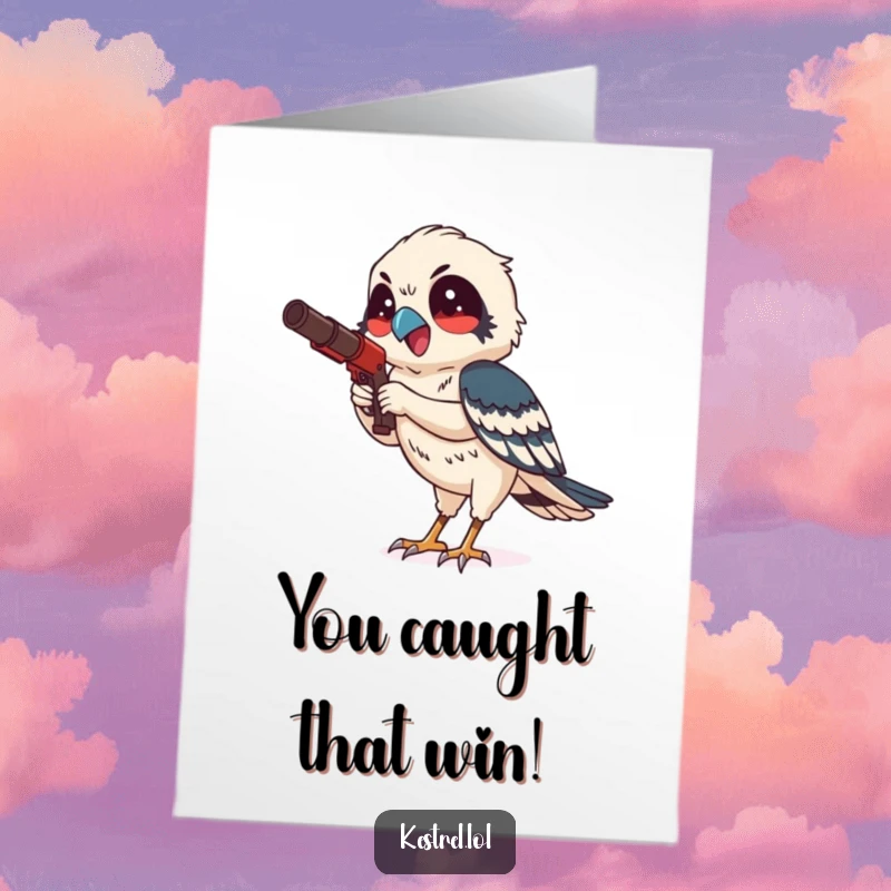 Funny Free Printable Congratulations Card depicting a smiling kestrel character on the hunt with focused, evident delight.