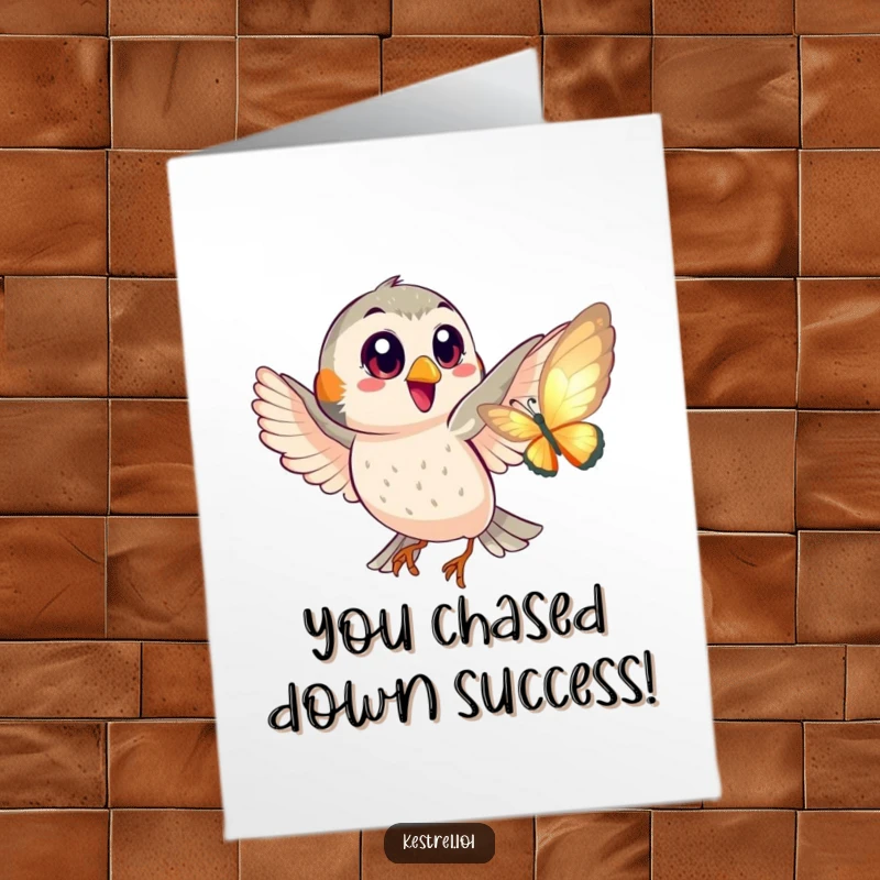 Funny Free Printable Congratulations Card showing a happy kestrel with big eyes playfully chasing a shimmering butterfly.