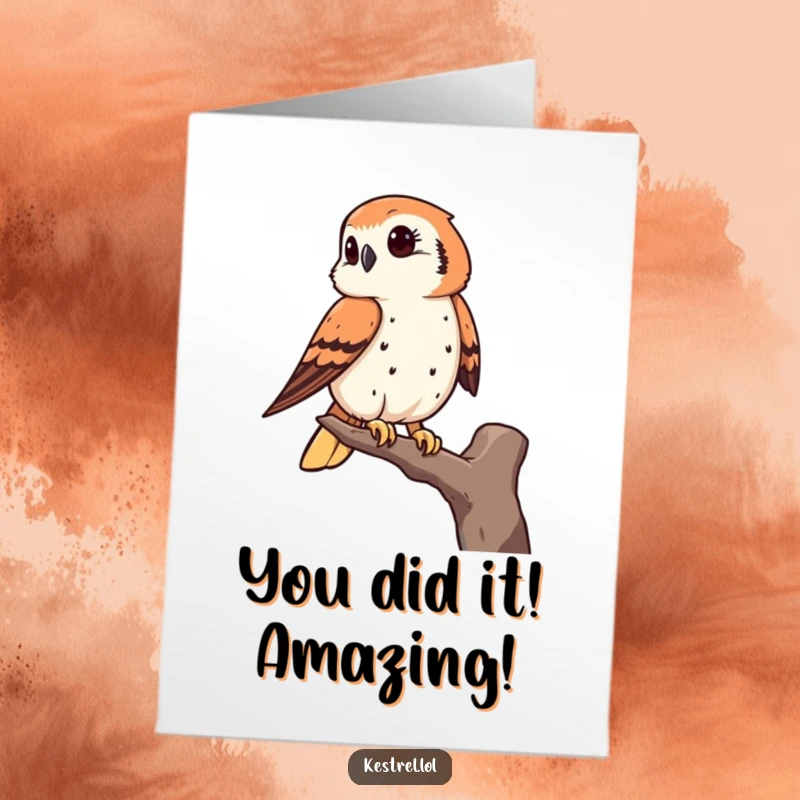 Funny Free Printable Kestrel Congratulations Card: Kestrel on perch, observing intently, celebrating their success with sharp, keen eyes.