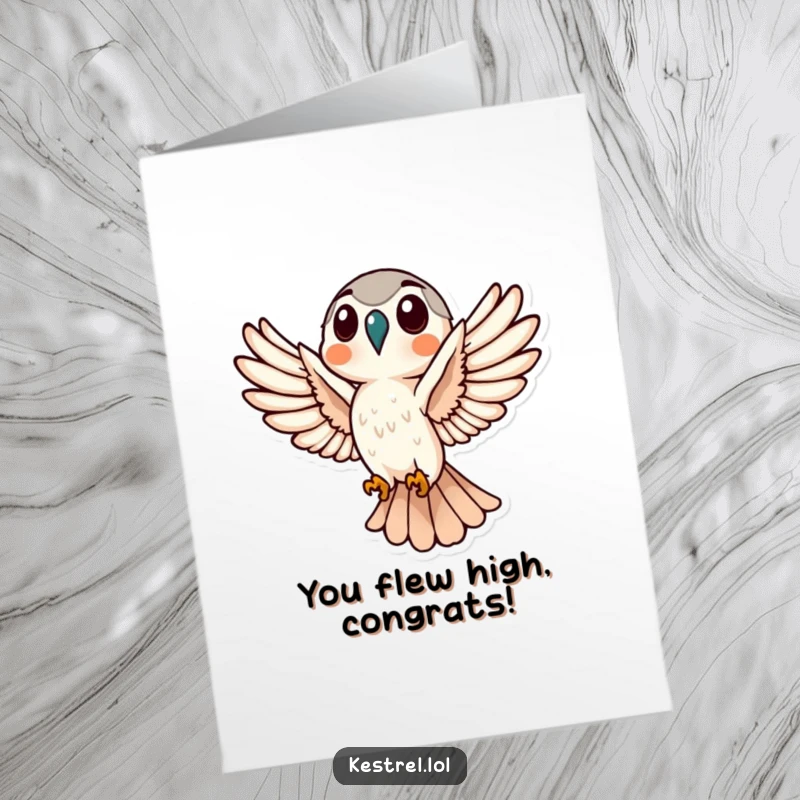 Funny Free Printable Congrats Card: Kestrel with wings spread wide, flying high in celebration.
