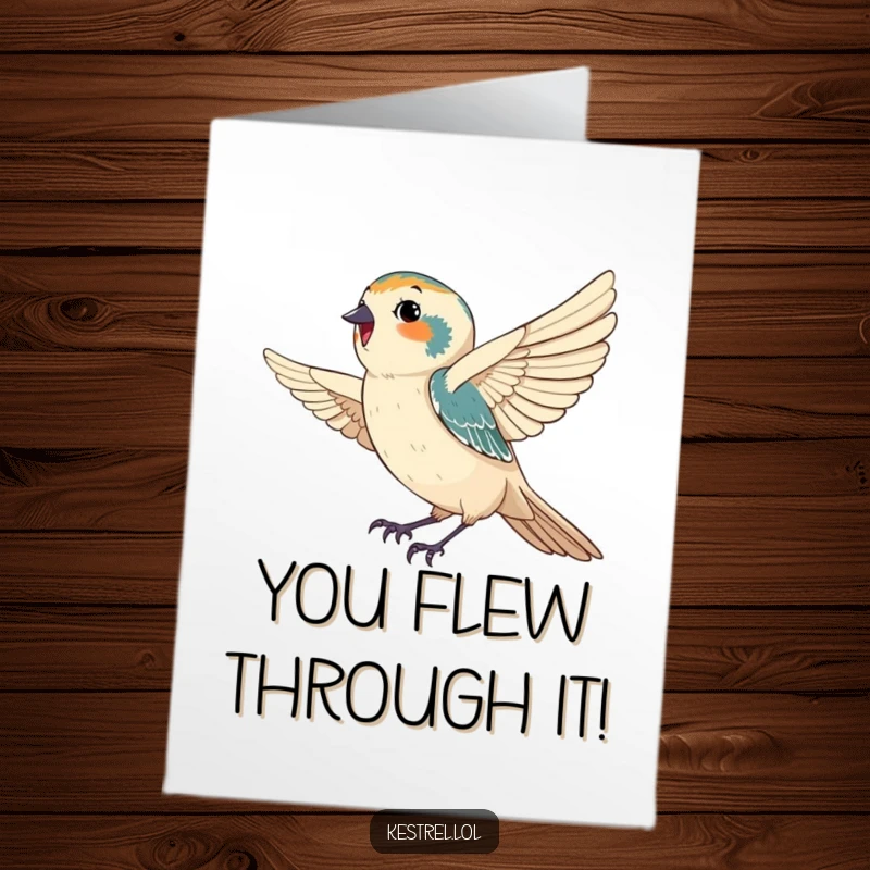 Free Printable congratulations card: A happy kestrel catches a gentle breeze, celebrating your success lightly.