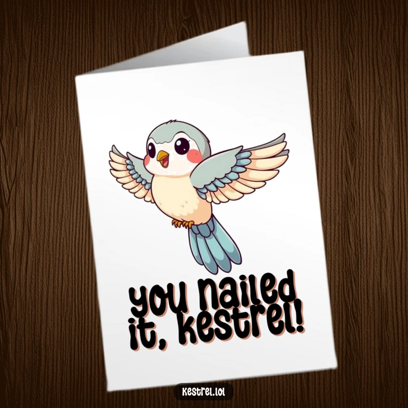 Free Printable congratulations card: A jovial kestrel with wings tucked descends swiftly, celebrating your achievement.