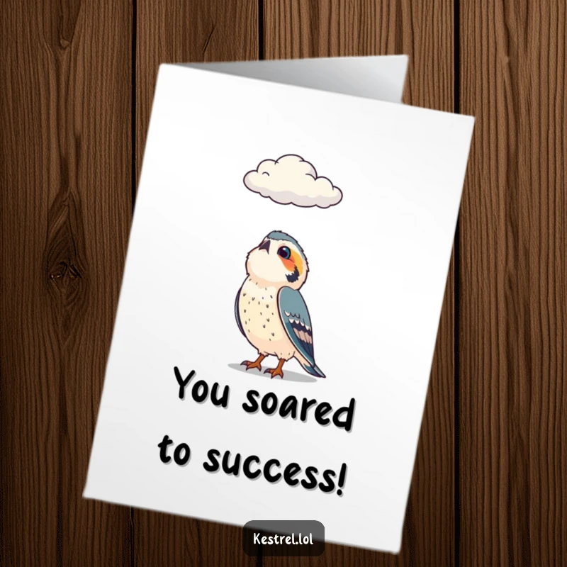 Funny Free Printable Congratulations Card showing a curious kestrel character looking up at a cloud, symbolizing aspirations.